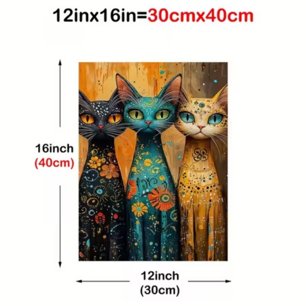 Cat Trio Long-Neck Cat Canvas Print Whimsical Unframed Floral & Folk Art Pattern - Picture 3 of 6